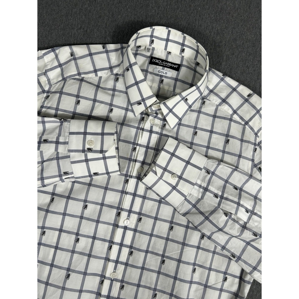 Dolce & Gabbana Gold Mens Dress Shirt Bee Print Windowpane Check Italy 15 3/4 40